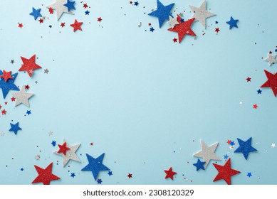 Get ready for Independence Day celebration with delightful arrangement of party accessories: Top view stars and shiny confetti. The pastel blue background includes vacant frame perfect for text or ad - Shutterstock ID 2308120329