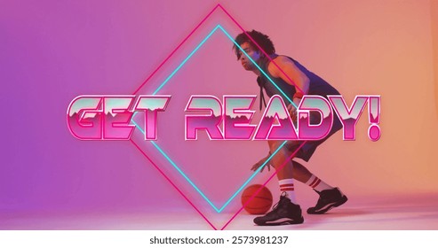 Get Ready! text image over basketball player dribbling ball. Sports, athletics, competition, teamwork, motivation, action - Powered by Shutterstock - Get 15% off with code: PIKWIZARD15