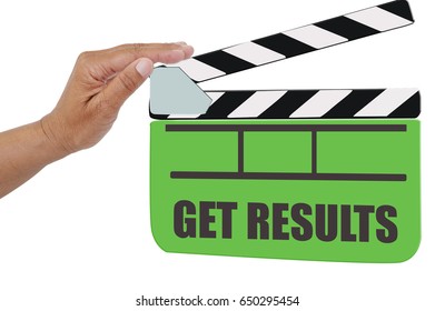 Get Results Hand On Clapperboard Isolated On White Background