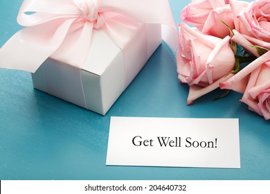 Get Well Soon Card With Gift Box And Pink Roses