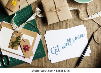 Get Well Soon Card With Gift Box And Dried Flowers Tags