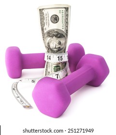 Getting Fiscally Fit. Dumbbells With A Measuring Tape And Cash.