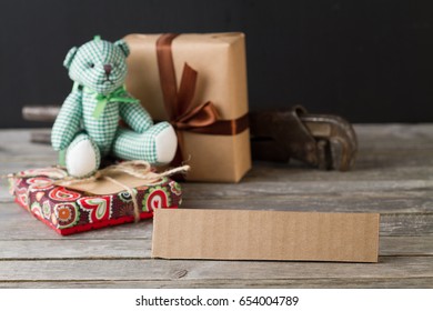 Getting Gifts Ready For Fathers Day And Work Tools On Wooden Background.