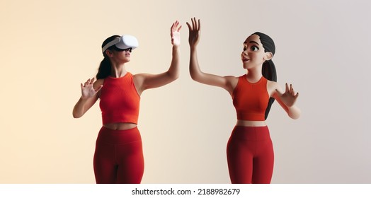 Getting into the metaverse. Sporty young woman playing virtual reality games as a 3D avatar. Young woman interacting with immersive technology using a virtual reality headset.