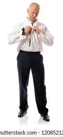 Getting Ready Man Dressing Up In Formal Clothing Tuxedo For A Party Or Wedding Isolated On White Background