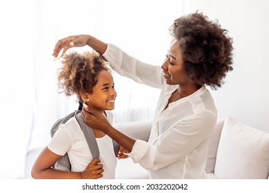  Getting Ready For School. Loving Mom Sends Adorable Daughter Off To School. First Day At School. Mother Leads Little Child Girl In First Grade. Mother Preparing Her Child For School