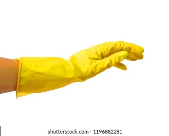  Getting started cleaning. Yellow rubber gloves for cleaning on white background .General or regular cleanup. Commercial cleaning company. Copy space. Empty place for text or logo.  - Powered by Shutterstock