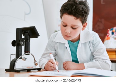 Getting Top Grades Is What He Always Strives For. Shot Of An Adorable Young School Boy Writing Notes In His Note Book In Science Class At School.