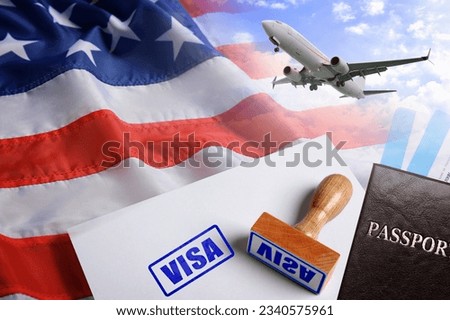 Getting visa. Double exposure of airplane in sky and USA flag