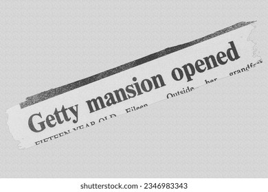 Getty mansion opened- news story from 1975 UK newspaper headline article title line drawing