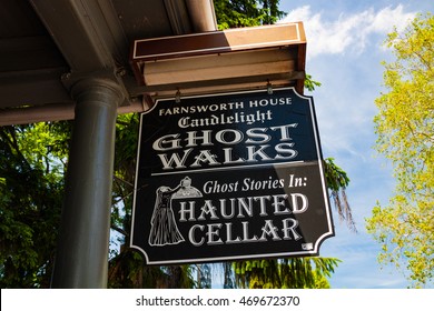 Gettysburg, PA - May 16, 2010: Candlelight Ghost Walk Tours Sign In Gettysburg. Ghost Tours Have Become Popular With Battlefield Visitors.