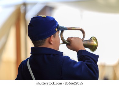 Gettysburg, PA, USA - July 2, 2016: A Boy Plays A Bugle As An Army Bugler During A Reenactment In Downtown Gettysburg During The Annual Battle Commemoration.