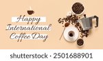 Geyser coffee maker and beans on beige background. Banner for International Coffee Day