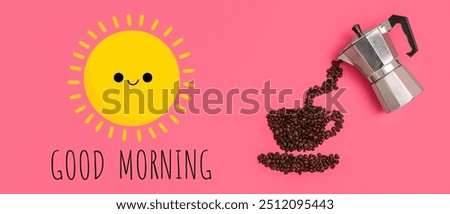 Geyser coffee maker with beans in shape of cup and text GOOD MORNING on pink background