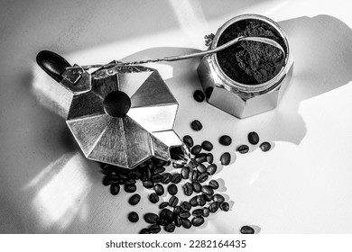 Geyser coffee maker. Silver geyser  machine is a device for the kitchen. fragrant coffee. The process of making coffee in a geyser coffee maker. selective focus.  - Powered by Shutterstock