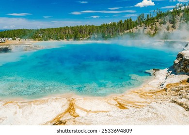 A geyser erupting in Yellowstone National Park with steam rising against a clear blue sky - Powered by Shutterstock