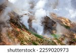 Geyser landscape with emissions of steam, gases and hot water in the country of volcanoes on the Kamchatka Peninsula. View of the slope with thermal volcanic activity in the Valley of Geysers. 