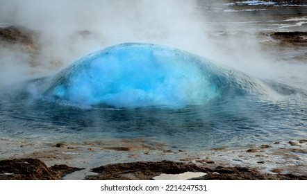 The Geysir Geyser In Iceland The Moment Before It Bursts. 