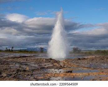 Geysir Home To The Strokkur Geyser In Southwestern Iceland. Lying In The Haukadalur Valley On The Slopes Of Laugarfjall Hill