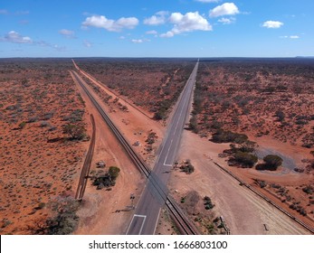 Ghan Train Line Crossing The Stuart Highway, Outback South Australia