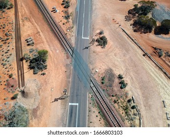 Ghan Train Line Crossing The Stuart Highway, Outback South Australia