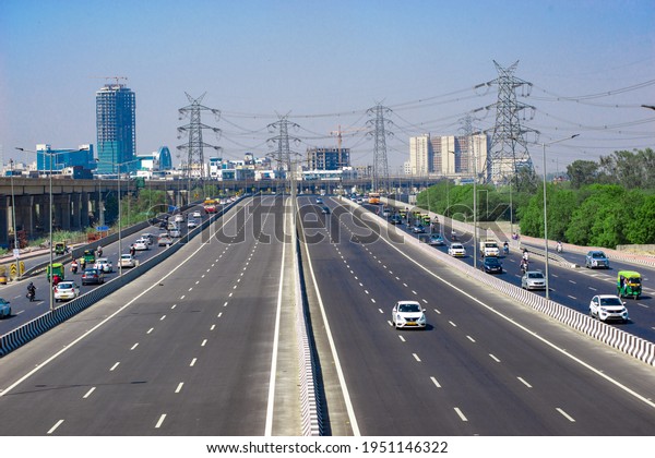 Ghaziabad, Uttar Pradesh, India- April 3\
2021: India widest Delhi-Meerut Expressway opens for traffic,\
widest highway stretch with 14 lanes in the\
country