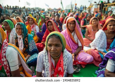 Ghaziabad, Uttar Pradesh, India, January 23 2021: Group Of Women In Ethnic Dress From Scheduled Tribe Community Coming From Maharashtra To Support The Farmer Protest At Ghazipur Border.