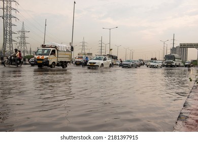 Ghaziabad, Uttar Pradesh, India-July 20 2022: Water Logging On Delhi Meerut Expressway After Heavy Rain.