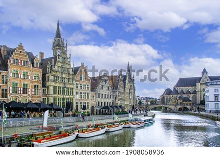 Ghent, Belgium - Graslei in the historic city center of Ghent with Leie river, East Flanders,