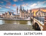 Ghent, Belgium old town cityscape from the Graslei are at dawn.