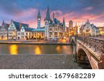 Ghent, Belgium old town cityscape from the Graslei at dawn.