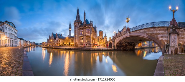 Ghent, Belgium old town cityscape from the river are at dawn.