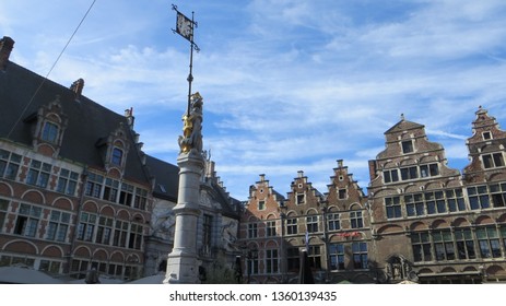 Ghent / Belgium - September 10, 2016: The sculpture of Flemish lion, holding the Coat of Arms at Sint Veerleplein square in the historic city center of Gent.