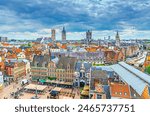 Ghent cityscape with aerial panoramic view of Ghent historic city centre with old colorful buildings and famous sights in Gent old town, Gent skyline horizon panorama, East Flanders province, Belgium