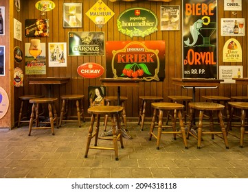 Ghent, East Flanders, Belgium, 21.05.2018, Empty Interior Of Typical Old Belgian Pub With Colorful Beer Advertisements