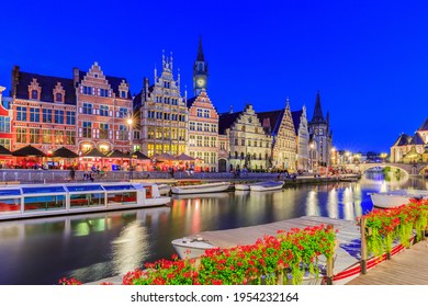 Ghent (Gent), Belgium. Graslei quay and Leie river at twilight. - Shutterstock ID 1954232164