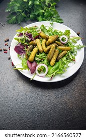 Gherkins Salad Cucumber Salty Green Leaves Mix Fresh Meal Snack On The Table Copy Space Food Background Rustic Veggie Vegan Or Vegetarian Food