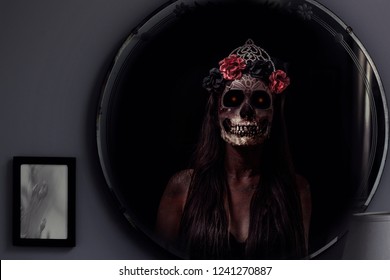 The Ghost Of Bloody Mary Appears In A Vintage Mirror. Spooky, Creepy Phantom Apparition. Inspired By A Popular Urban Myth.