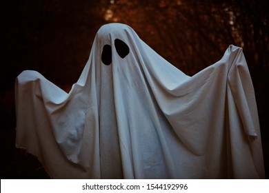 A Ghost Child Under A White Sheet In A Dark Forest. Halloween Concept. 