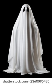 Ghost costume made from a white sheet on a black background. Halloween party outfit.