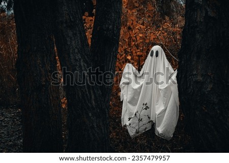 The ghost is covered with a white ghostly sheet in the autumn gloomy forest. A spooky white ghost peeks out from behind a trees