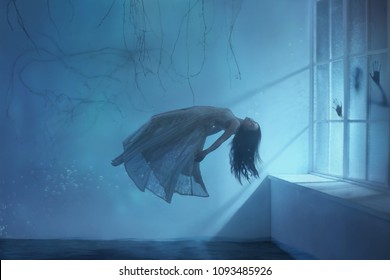 ghost girl long hair in a vintage dress. Room under water. photograph of levitation resembling  dream. dark Gothic interior branches  huge window blue light Art photo mysterious woman silhouette  - Powered by Shutterstock