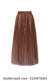 Ghost Mannequin, Brown Beige Women's Luxury Evening Long Glossy Maxi Chiffon Pleated Skirt Without Human Model Isolated On White Background, Mock Up, 3d Voluminous Cloth, Flat Lay, Top View