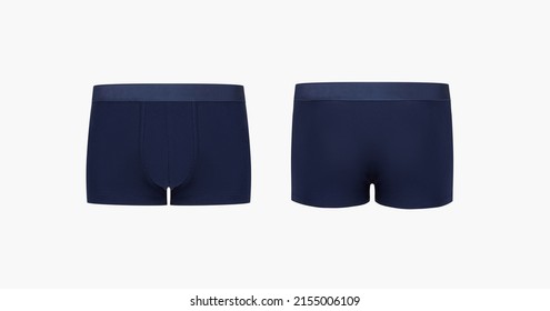 Ghost mannequin, dark blue men's classic boxer briefs isolated on white background. Male cotton underwear cutout, Man fabric voluminous trunks underpants close up, mock up, template, flat lay photo