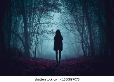 Ghost On The Scary Road In The Paranormal World. Horrible Dream. Strange Forest In A Fog. Mystical Atmosphere. Dark Wood. Mysterious Road. Gothic Witch. Background Wallpaper. Gloomy Times. 