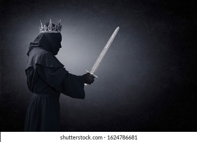 Ghost Of A Queen Or King With Medieval Sword In The Dark