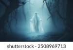 Ghost in a sheet floating in the air in the forest with Scary Background .