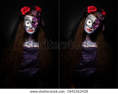 Ghost skull Doll woman with purple skin curl long hair of Haunted places, halloween background