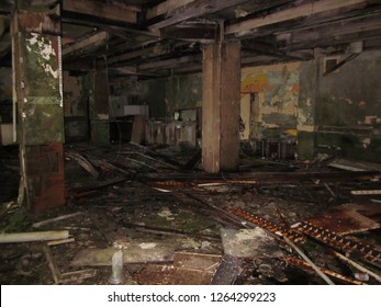 Ghost Town In British Columbia. Former Lounge Of A Derelict Hotel In Ocean Falls In A Remote Part Of The Coast. Once A Thriving Community The Whole Town Was Abandoned Decades Ago And Is Falling Apart.