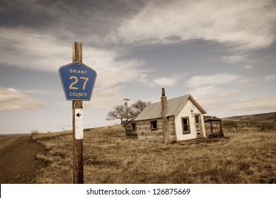 Ghost Town By The Rural County Road 27 In Central Oregon, USA